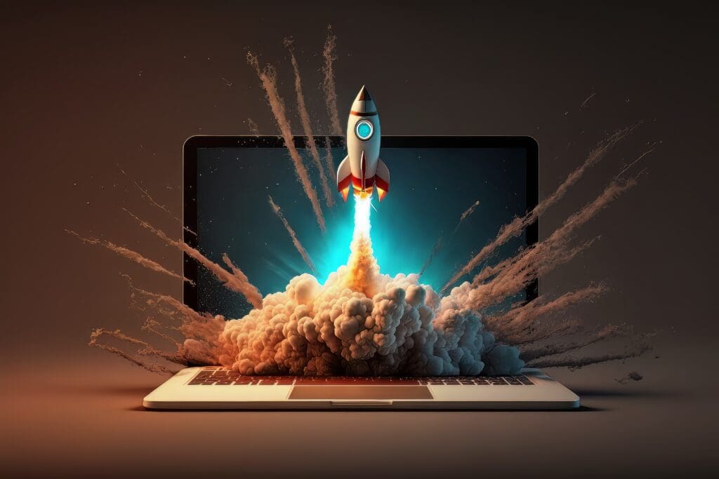 Rocket ship launching from laptop screen