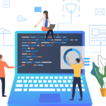 Vector Graphic of people working on laptop computer with IT support symbols